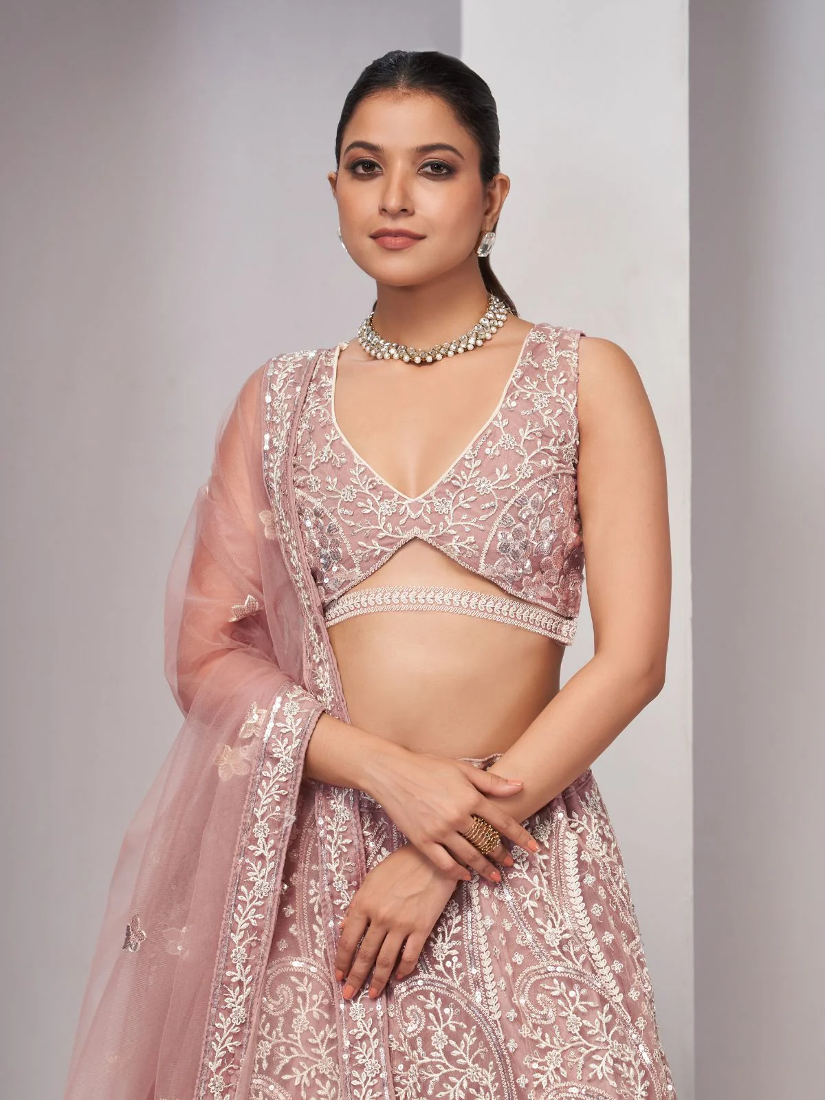 Odette Peach Soft Net Embroidered Semi Stitched Lehenga With Unstitched Blouse For Women - Image 3