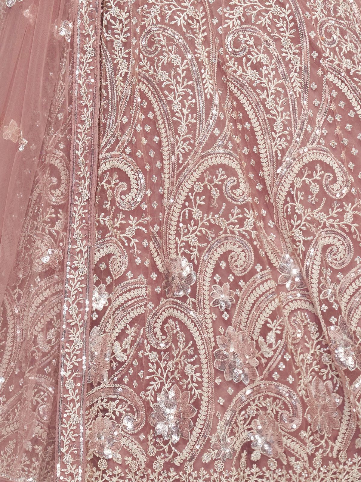 Odette Peach Soft Net Embroidered Semi Stitched Lehenga With Unstitched Blouse For Women - Image 6