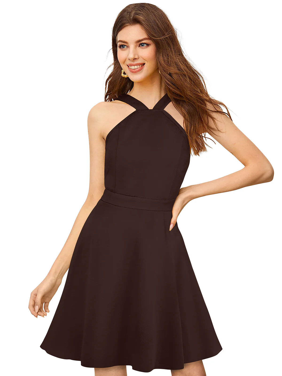 Odette Brown Knit Fabric Skater Dress For Women - Image 2