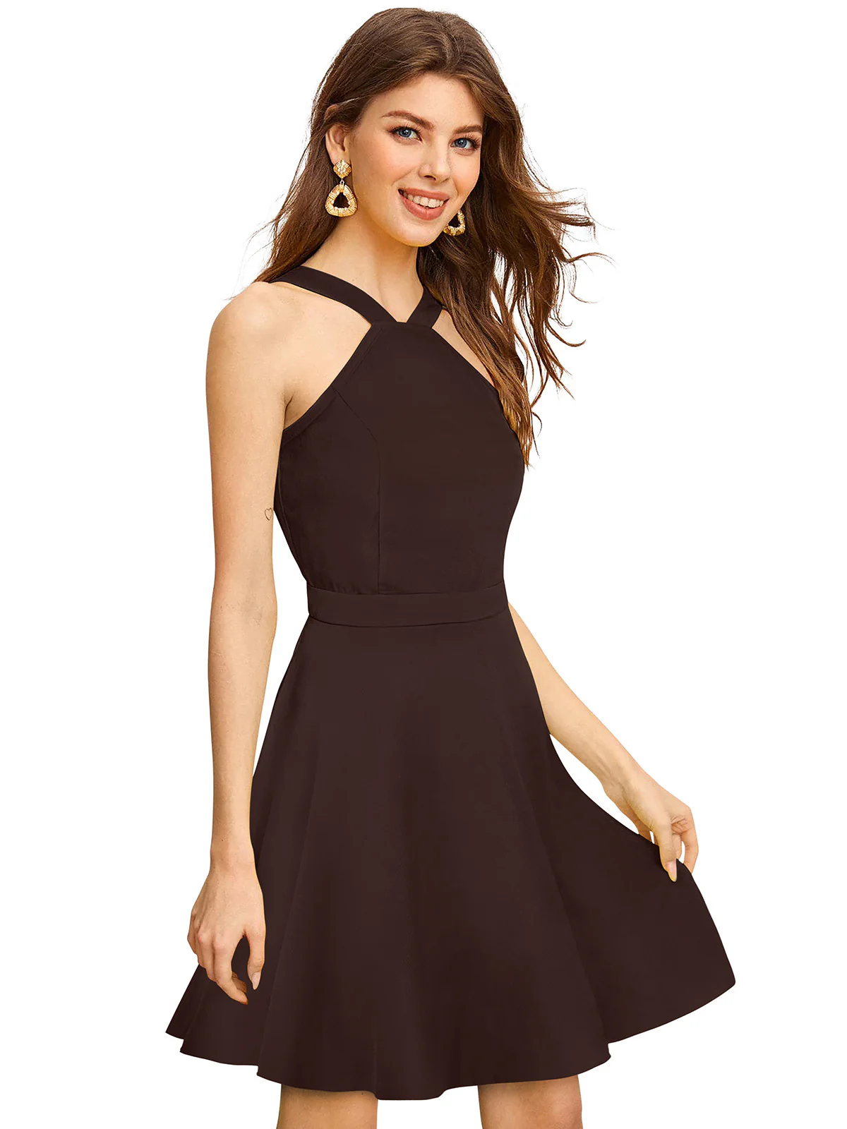 Odette Brown Knit Fabric Skater Dress For Women - Image 3