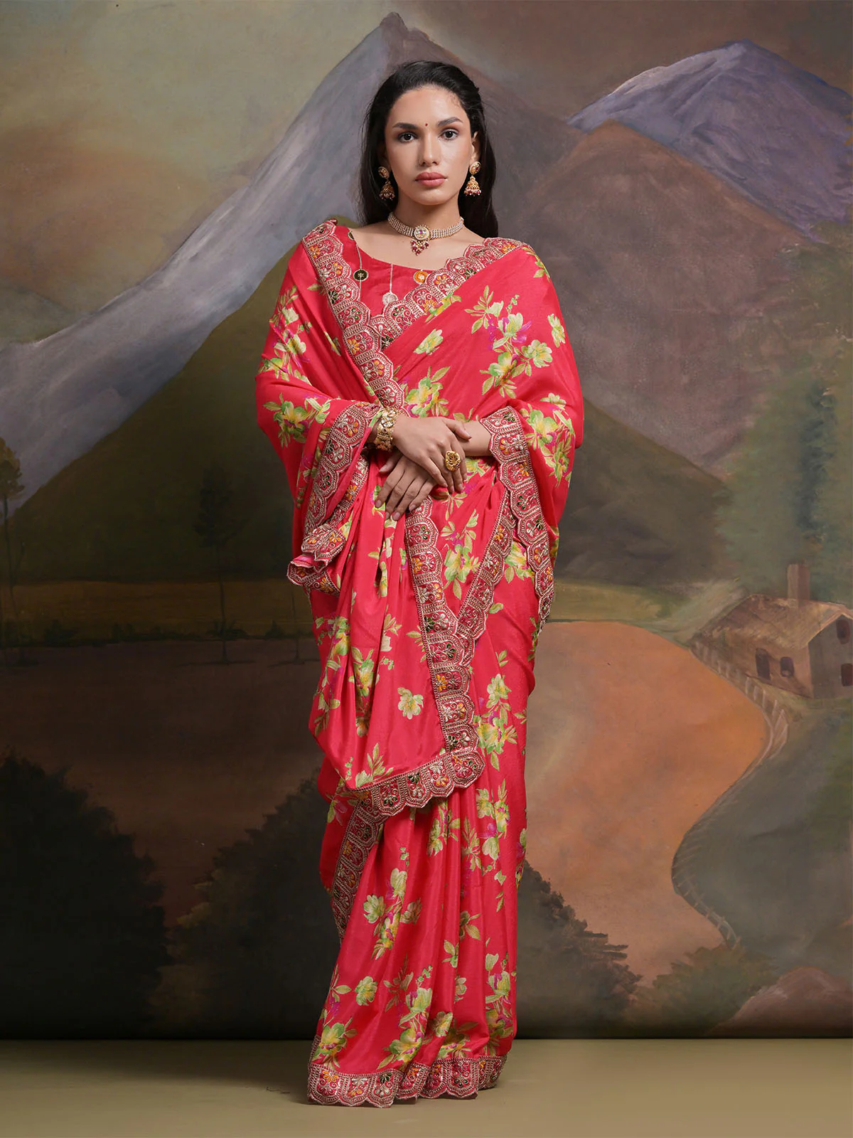 Odette Red Printed Chiffon Saree With Unstitched Blouse For Women - Image 3