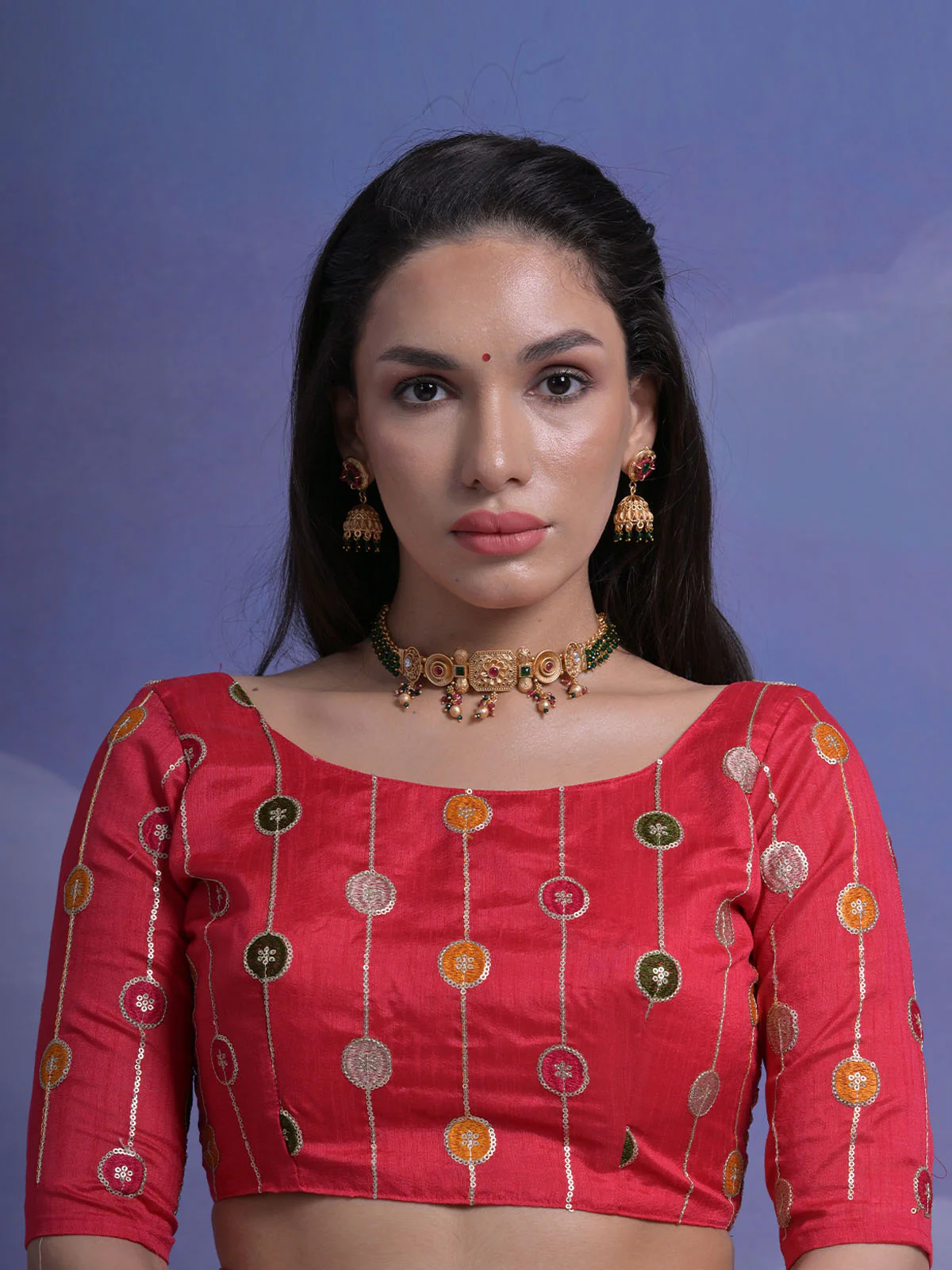 Odette Red Printed Chiffon Saree With Unstitched Blouse For Women - Image 6