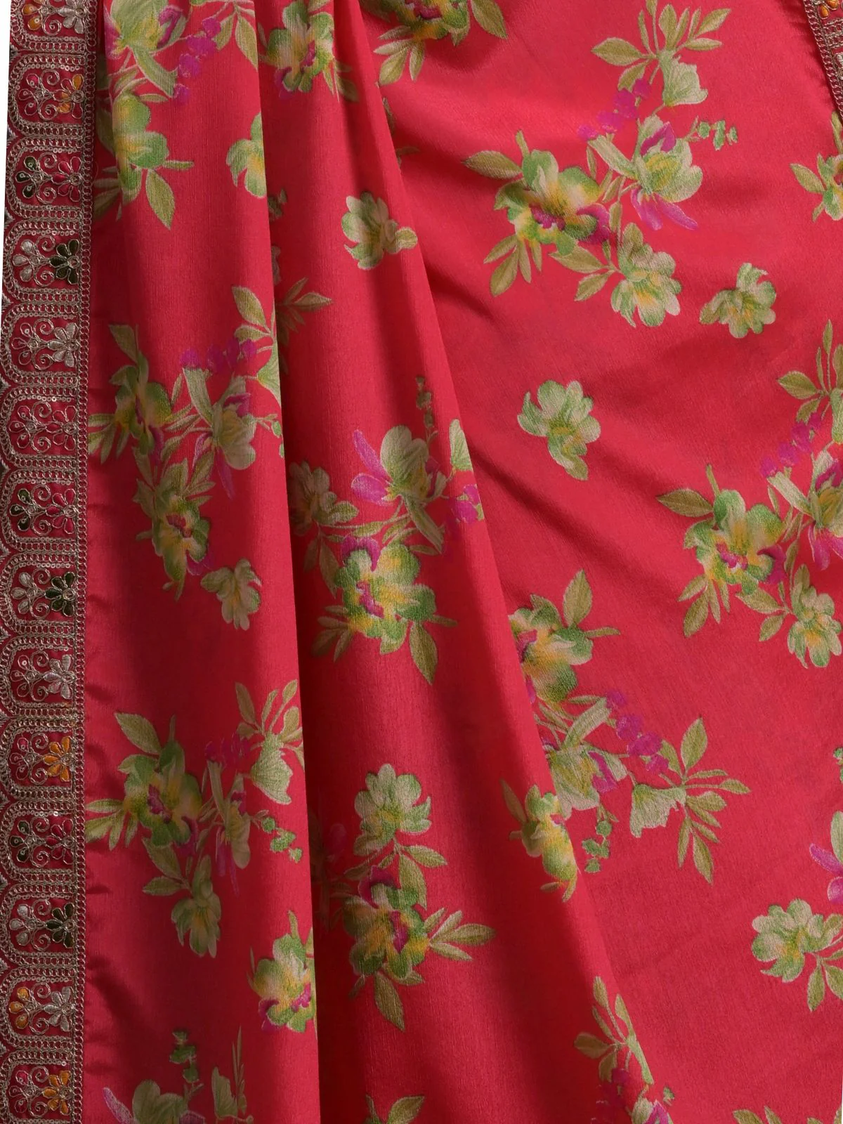 Odette Red Printed Chiffon Saree With Unstitched Blouse For Women - Image 8