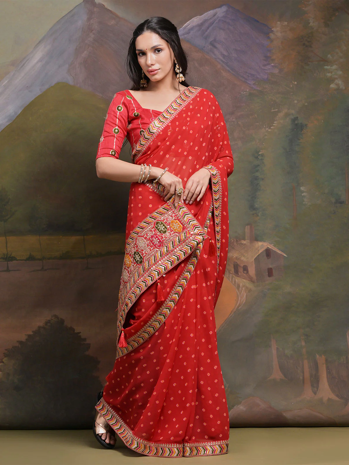 Odette Red Printed Georgette Saree With Unstitched Blouse For Women - Image 3