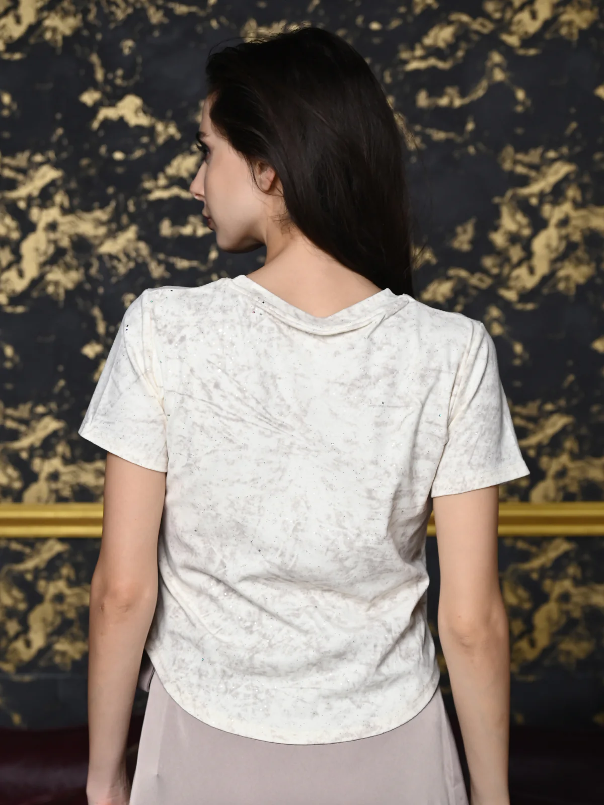 Odette Cream And Grey Cotton Jersey Embellished Top For Women - Image 5