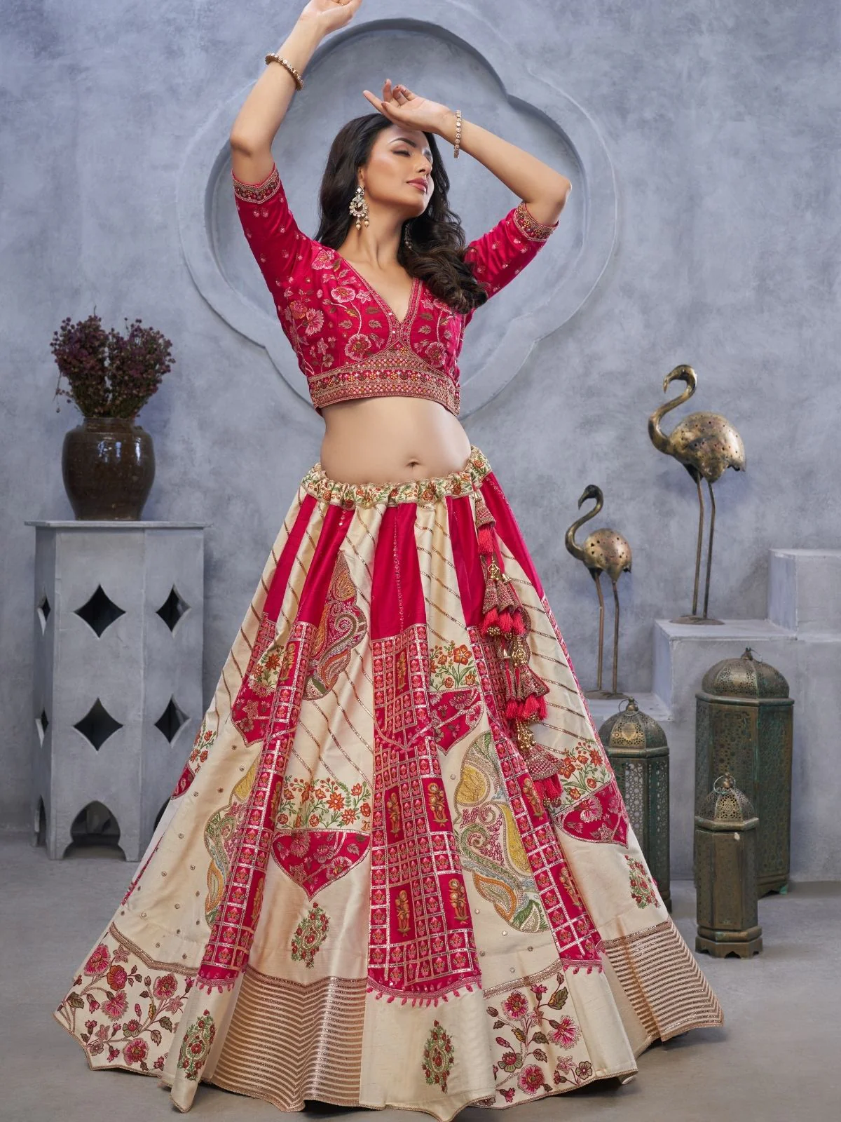 Odette Cream And Pink Organza  Embroidered Semi-Stitched Lehenga With Unstitched Blouse For Women - Image 2