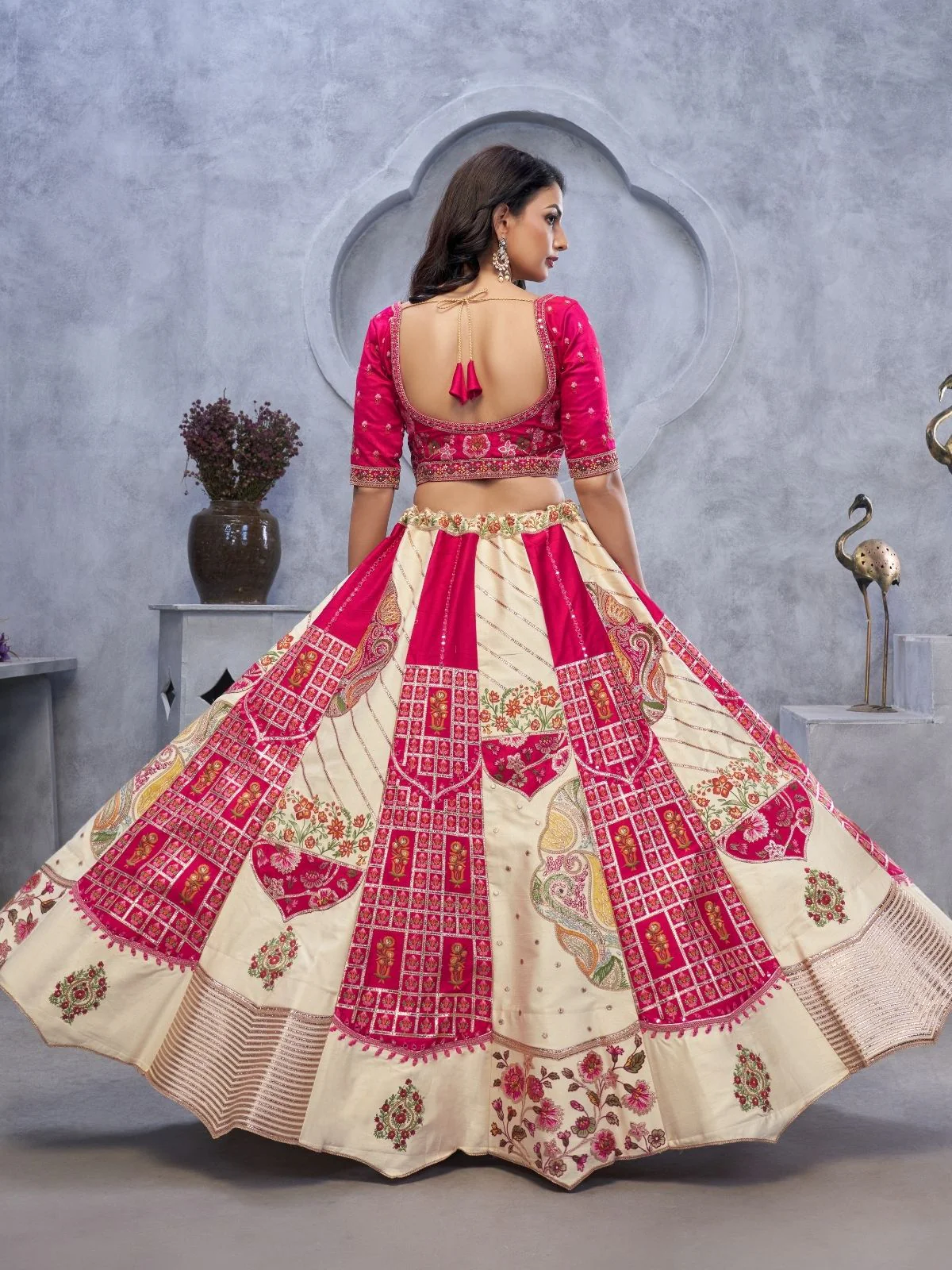 Odette Cream And Pink Organza  Embroidered Semi-Stitched Lehenga With Unstitched Blouse For Women - Image 3