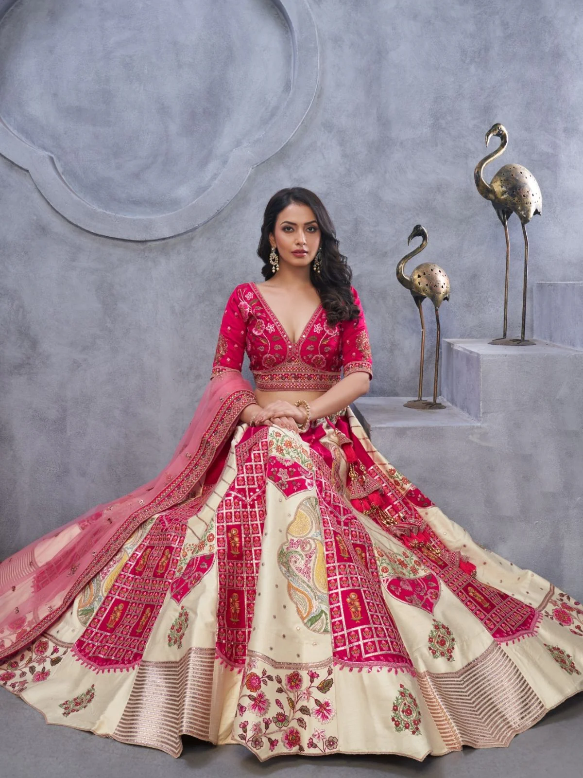 Odette Cream And Pink Organza  Embroidered Semi-Stitched Lehenga With Unstitched Blouse For Women - Image 4