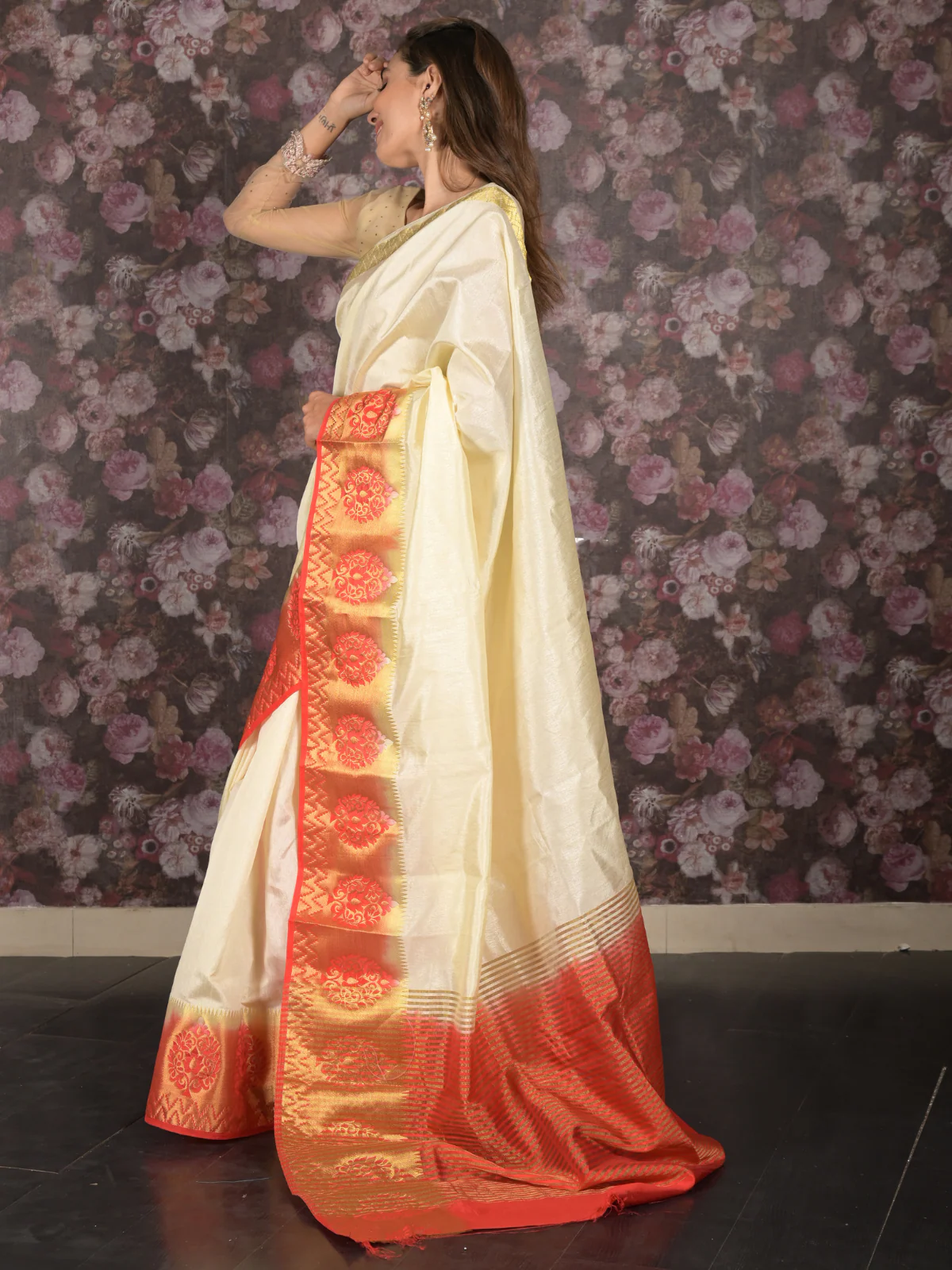 Odette Cream and Red Ethnic Woven Silk Blend Saree Without Blouse for Women - Image 3