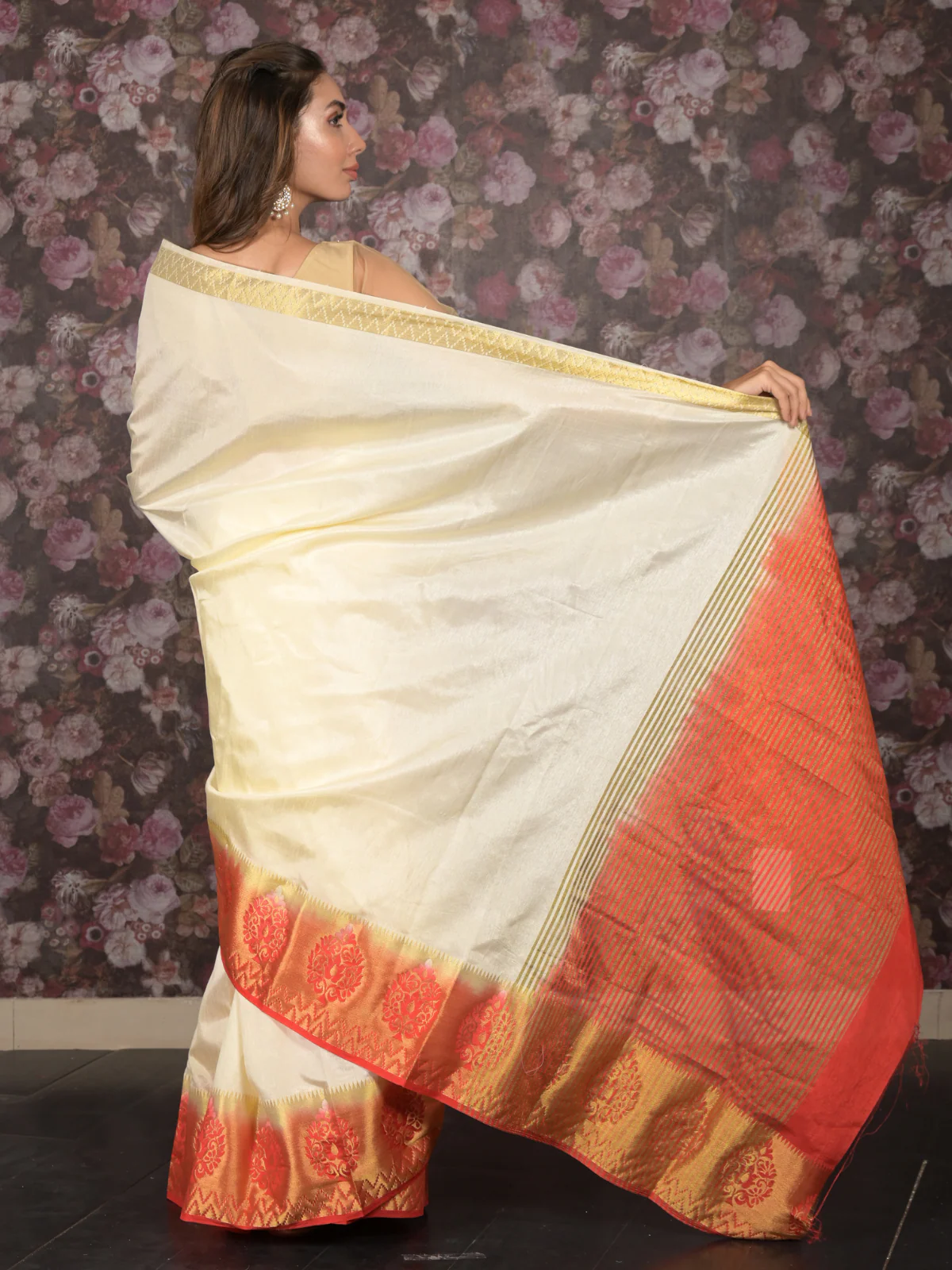 Odette Cream and Red Ethnic Woven Silk Blend Saree Without Blouse for Women - Image 4