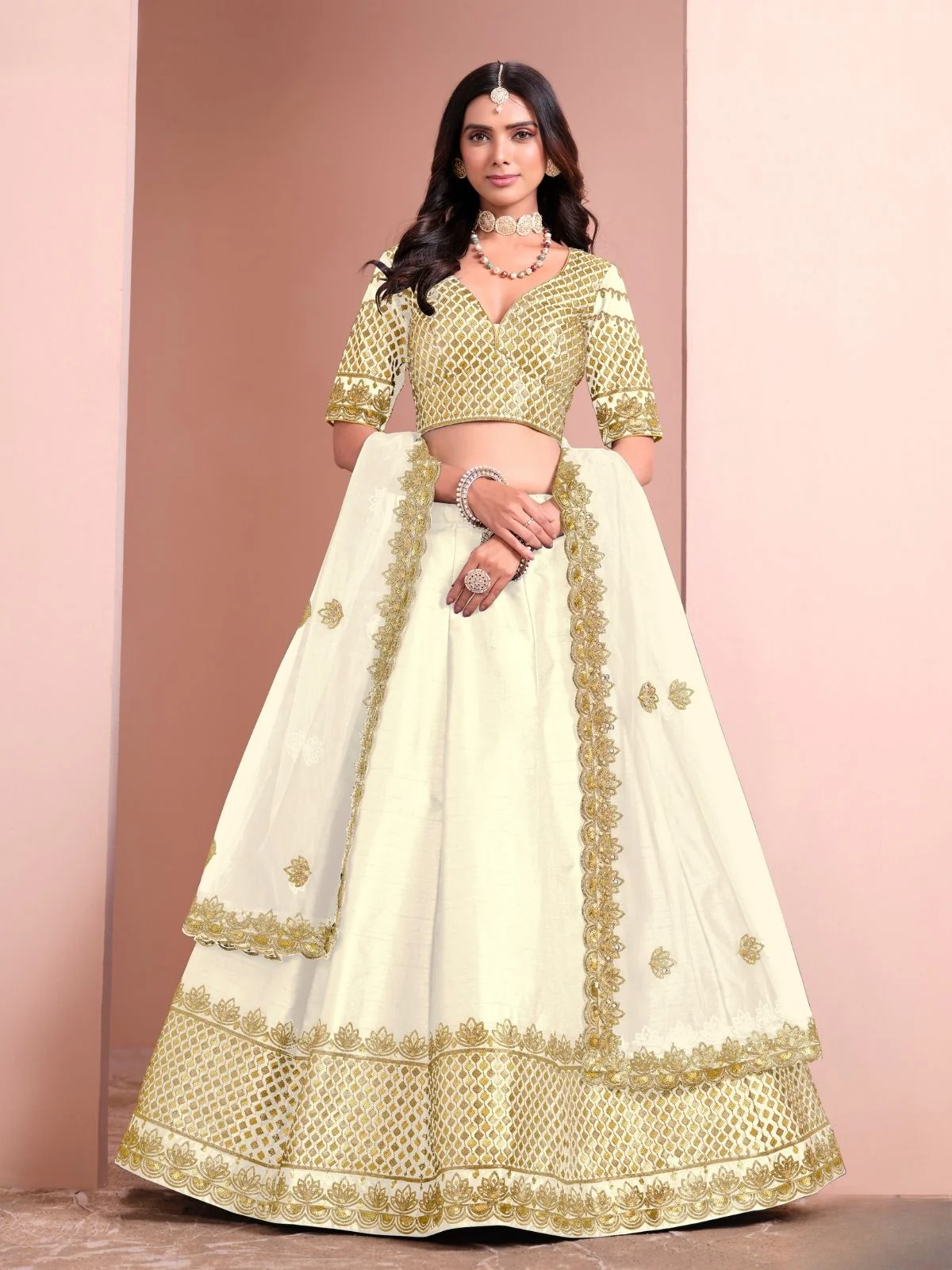 Odette Cream Art Silk Embellished Semi-Stitched lehenga For Women - Image 2