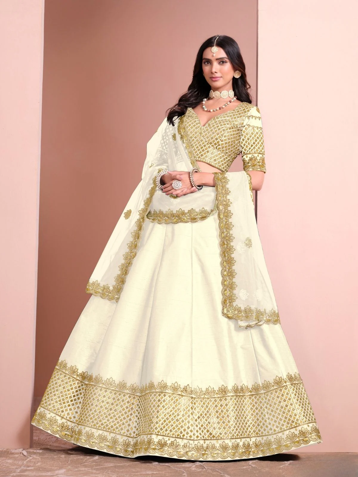 Odette Cream Art Silk Embellished Semi-Stitched lehenga For Women - Image 3