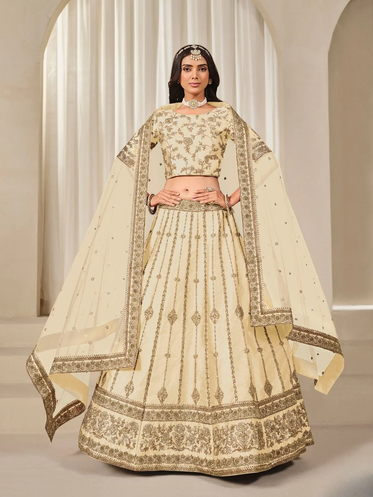 Odette Cream Art Silk Embroidered Semi-Stitched lehenga For Women - Image 2