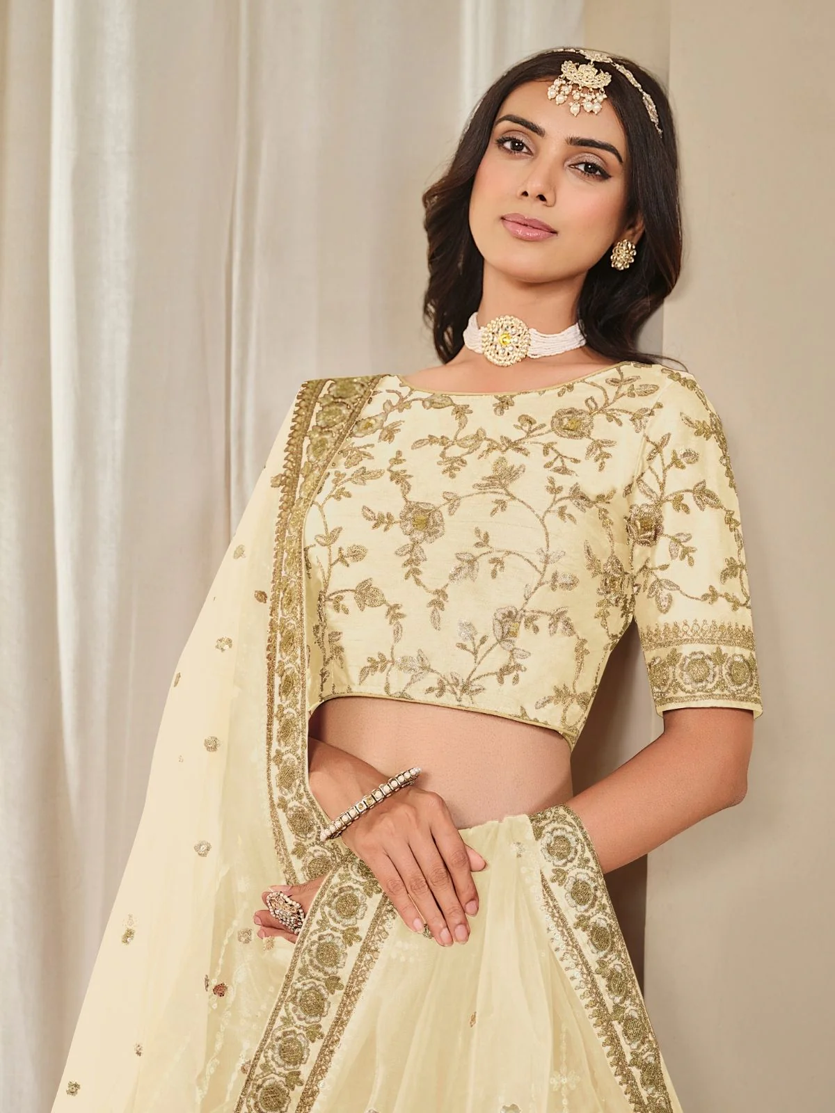 Odette Cream Art Silk Embroidered Semi-Stitched lehenga For Women - Image 4