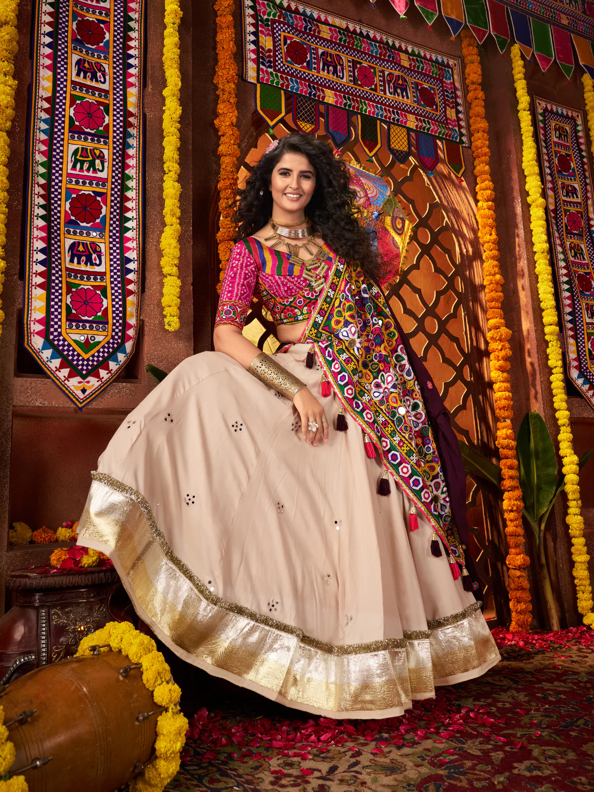 Odette Cream Cotton Blend Embroidered Mirror Semi-Stitched lehenga For Women - Image 2