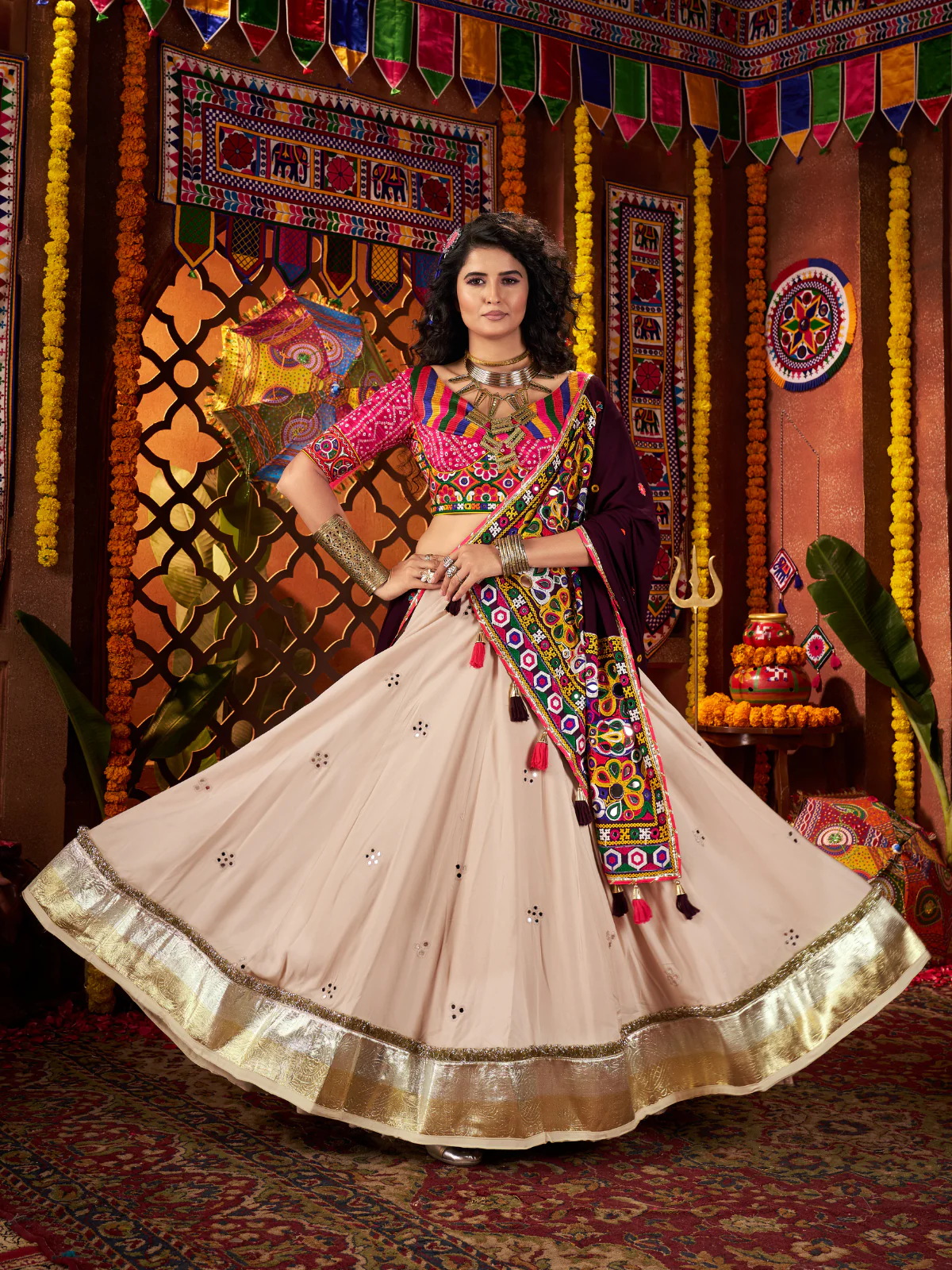 Odette Cream Cotton Blend Embroidered Mirror Semi-Stitched lehenga For Women - Image 3