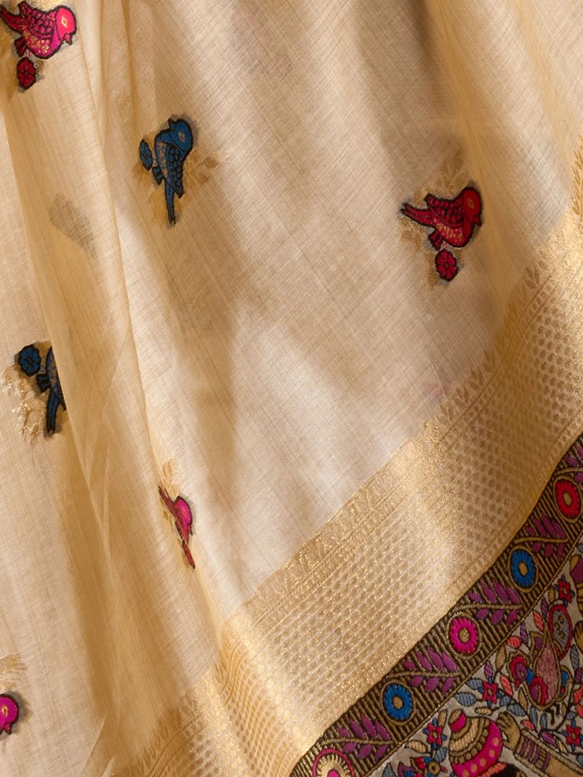 Odette Cream Cotton Blend Woven Saree For Women - Image 6