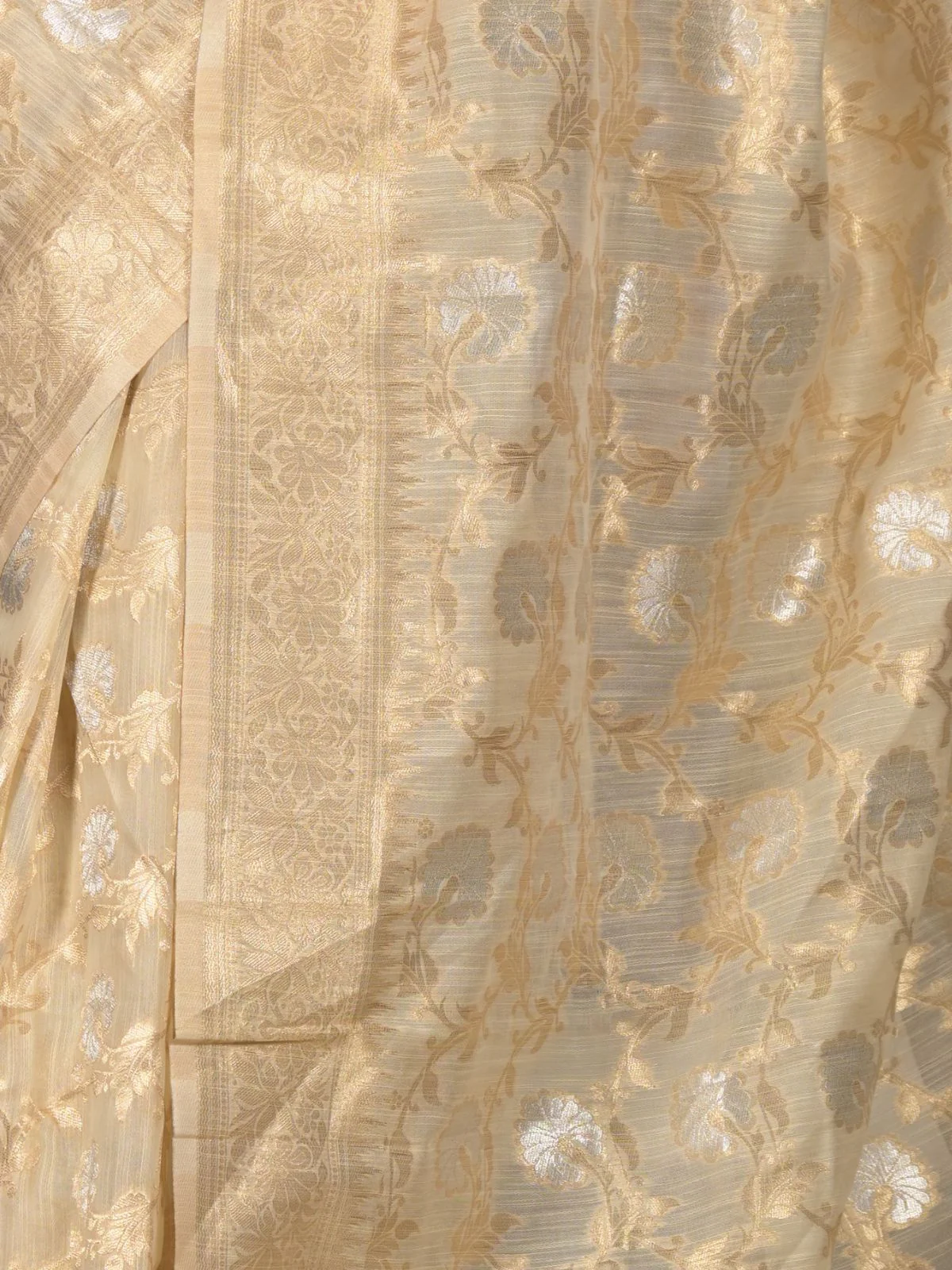 Odette Cream Cotton Blend Woven Saree with Unstitched Blouse for Women - Image 5