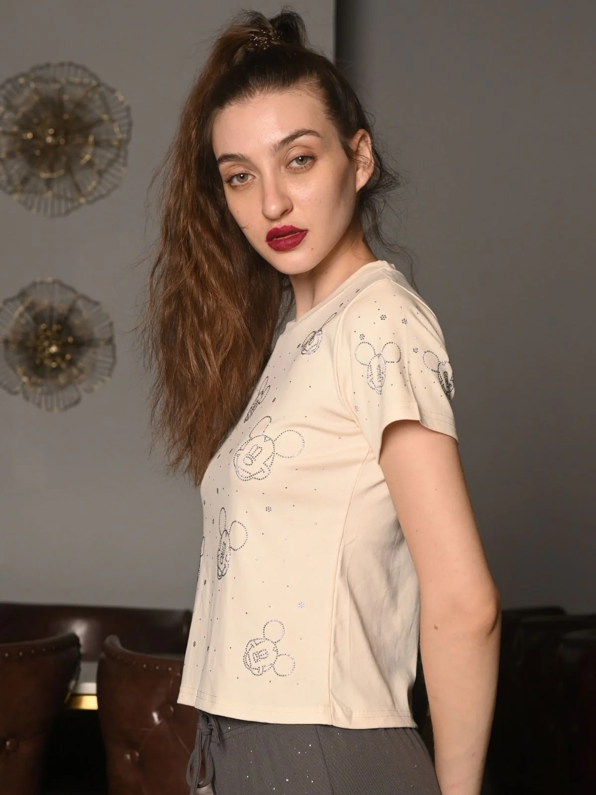 Odette Cream Cotton Jersey Embellished T-Shirt For Women - Image 3