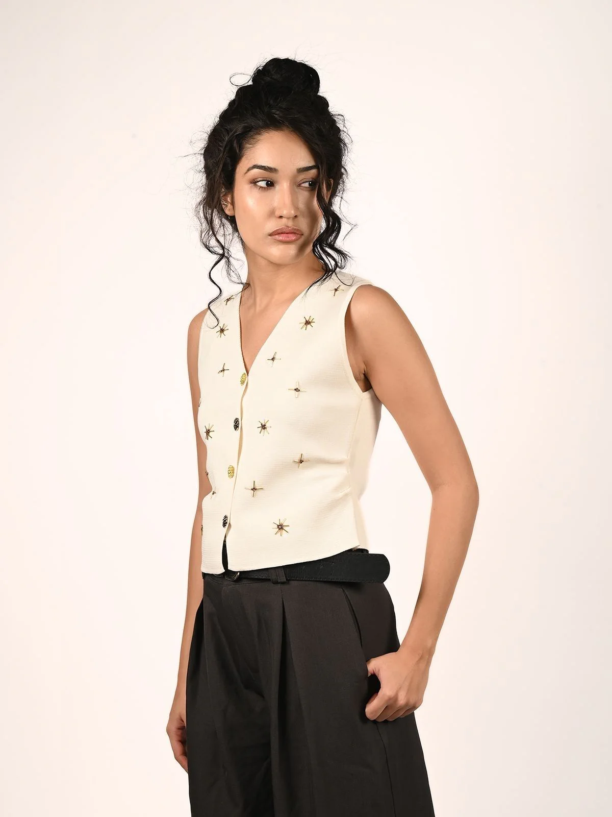 Odette Cream Cotton Lycra Solid Top For Women - Image 2