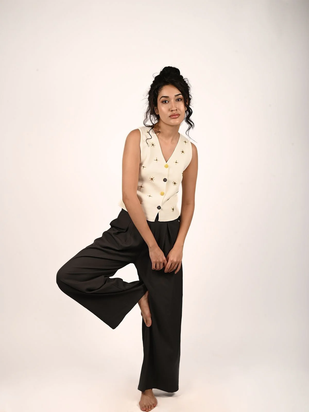 Odette Cream Cotton Lycra Solid Top For Women - Image 4