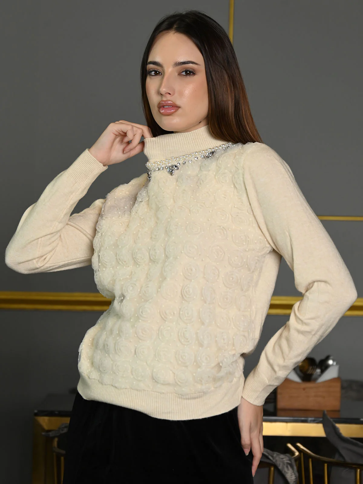 Odette Cream Cotton Rib Embellished Sweater Top For Women - Image 3