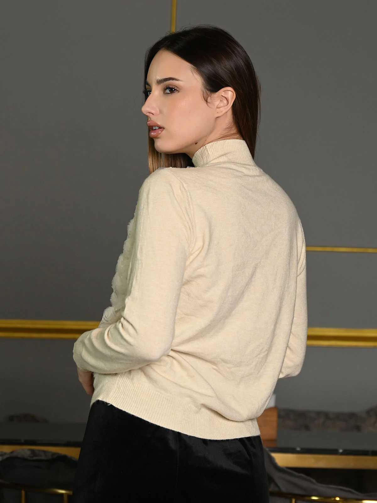 Odette Cream Cotton Rib Embellished Sweater Top For Women - Image 4