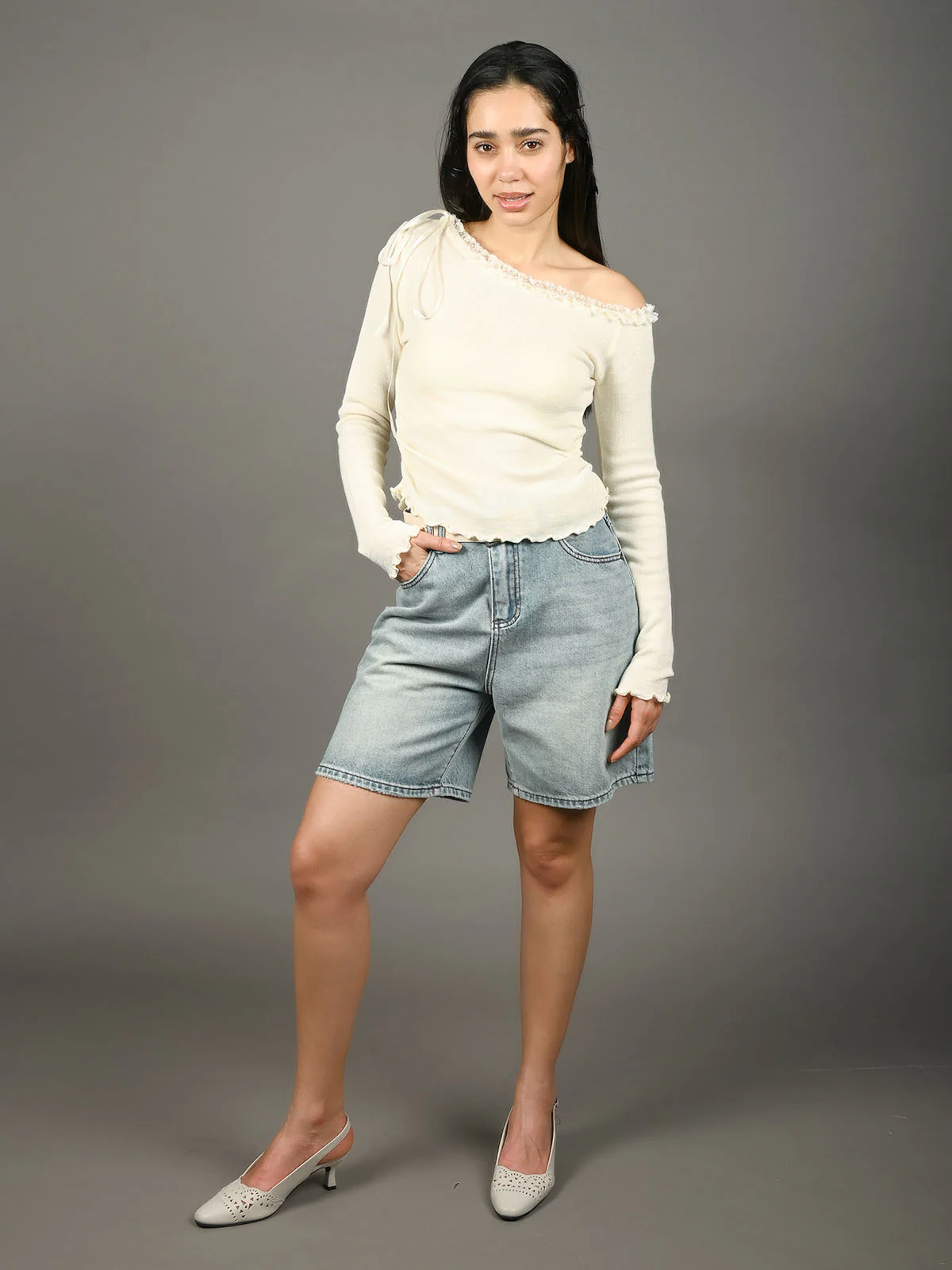 Odette Cream Cotton Rib Solid Top For Women - Image 5