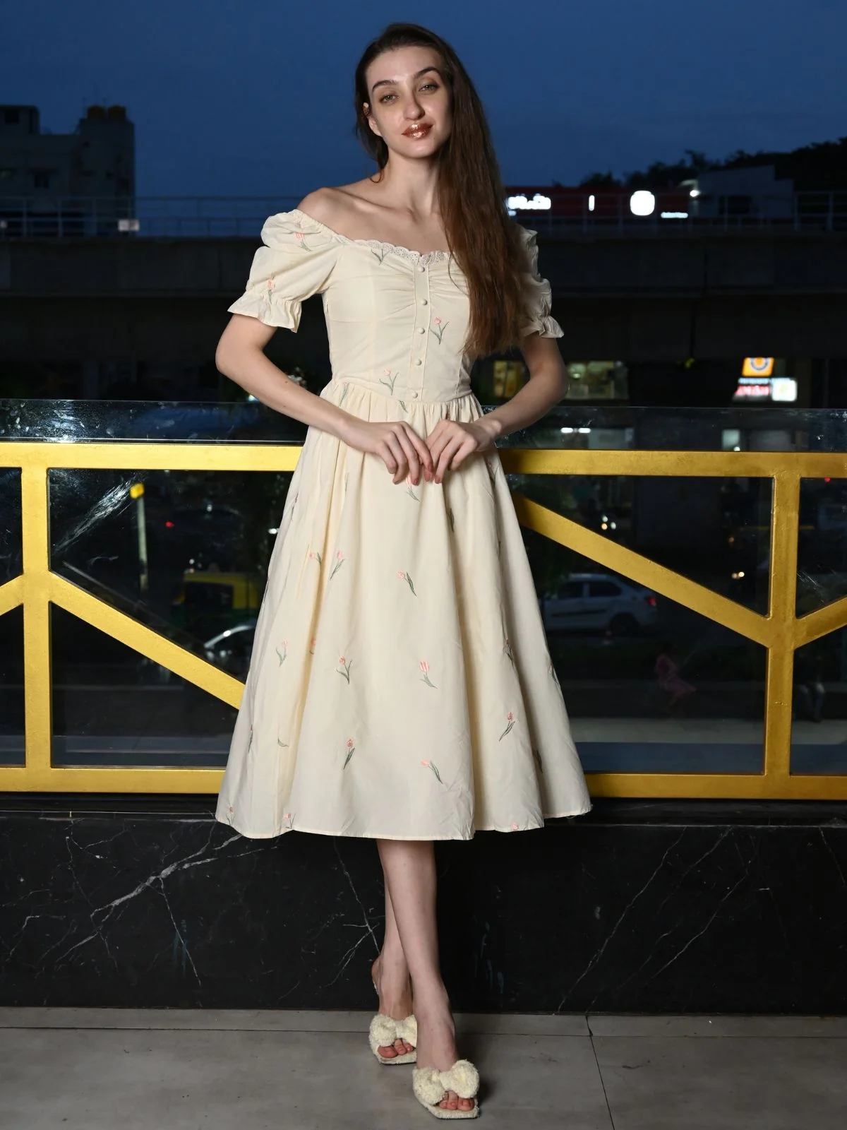 Odette Cream Cotton Embroidered Western Dress for Women - Image 2