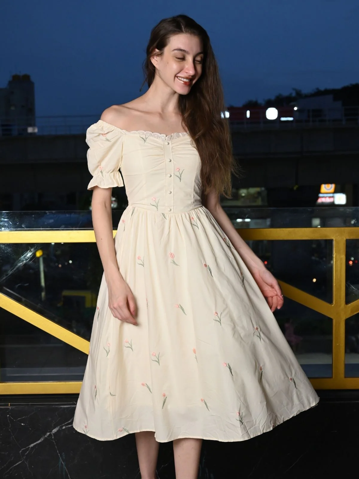 Odette Cream Cotton Embroidered Western Dress for Women - Image 3