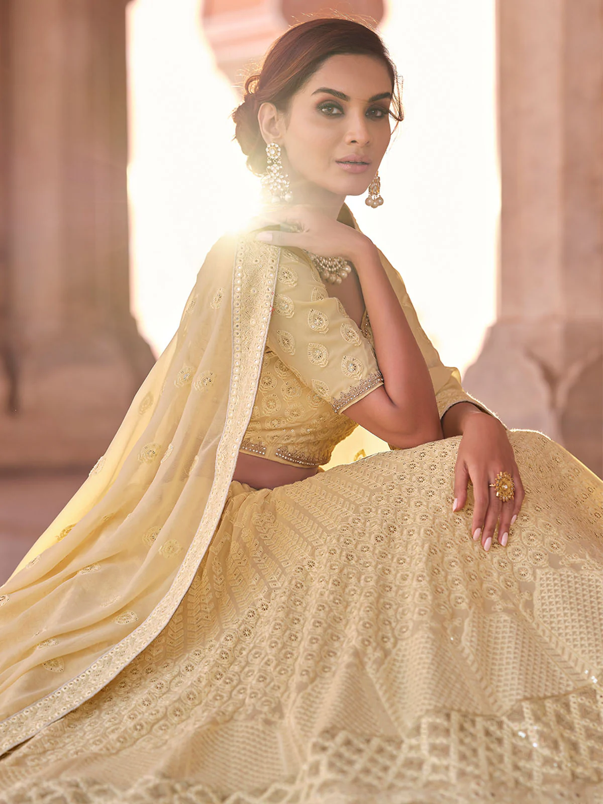 Odette Cream Embroidered Georgette Semi Stitched Lehenga With Blouse For Women - Image 3