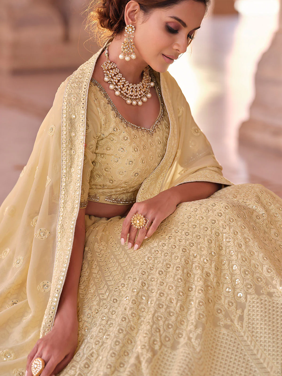 Odette Cream Embroidered Georgette Semi Stitched Lehenga With Blouse For Women - Image 4
