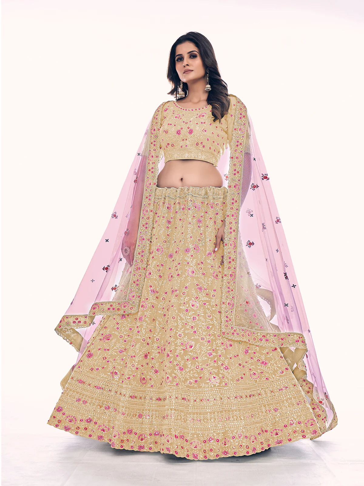Odette Cream Embroidered Silk Blend Semi Stitched Lehenga With Blouse For Women - Image 2