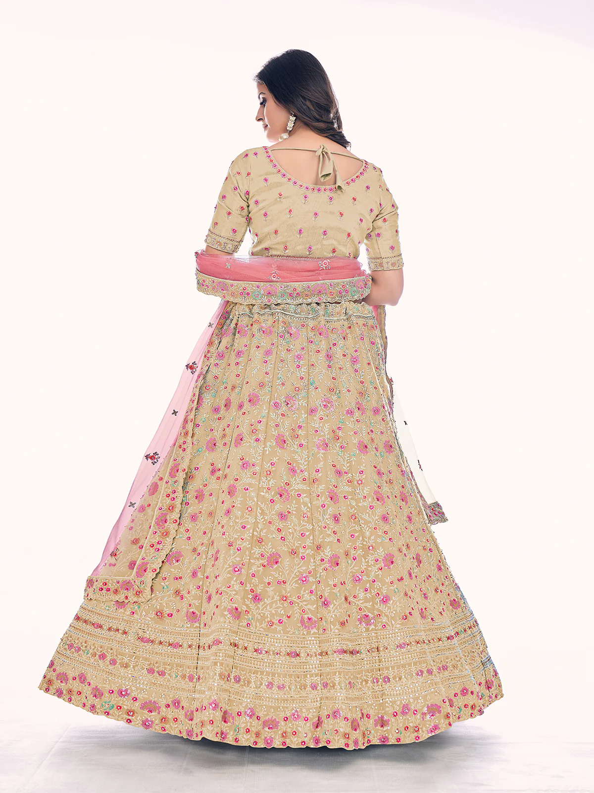 Odette Cream Embroidered Silk Blend Semi Stitched Lehenga With Blouse For Women - Image 4