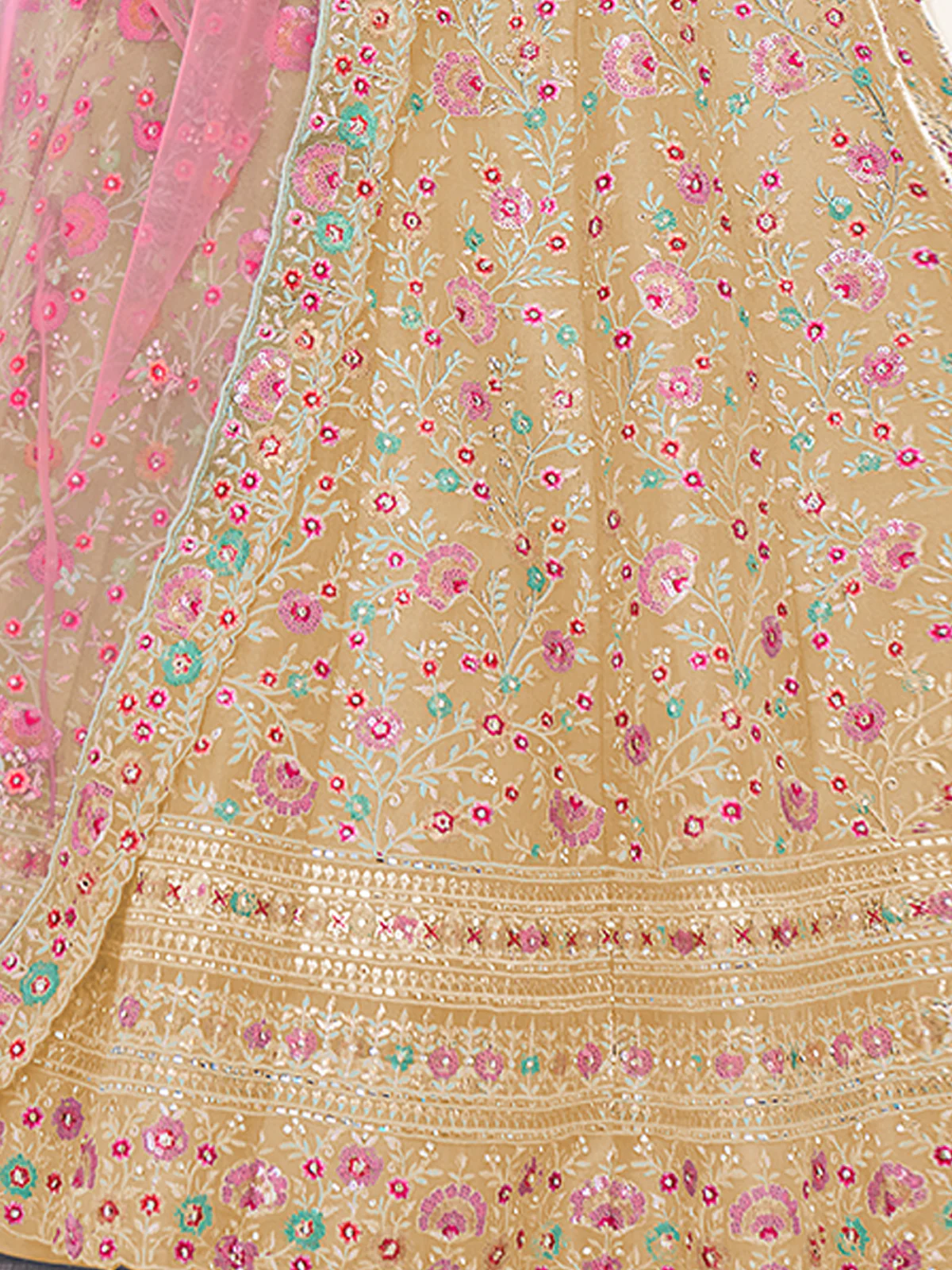 Odette Cream Embroidered Silk Blend Semi Stitched Lehenga With Blouse For Women - Image 6