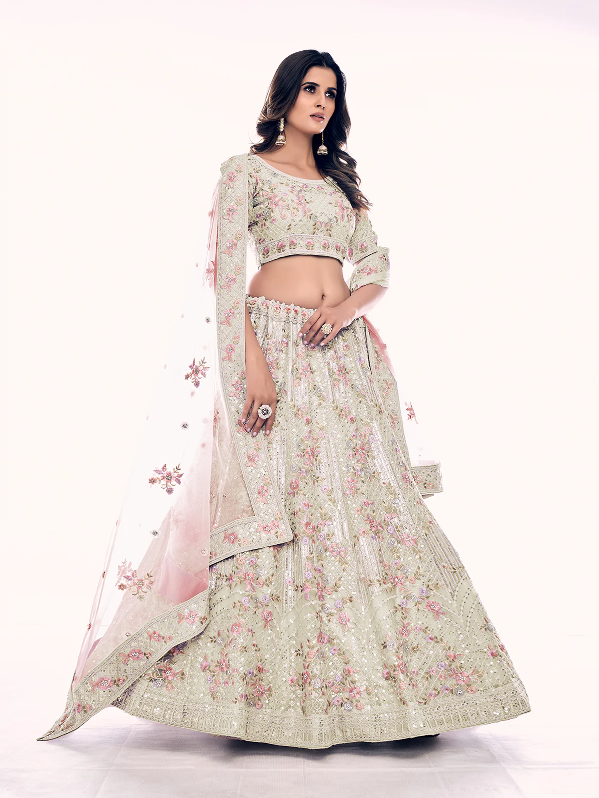 Odette Cream Embroidered Soft Net Semi Stitched Lehenga With Blouse For Women - Image 2