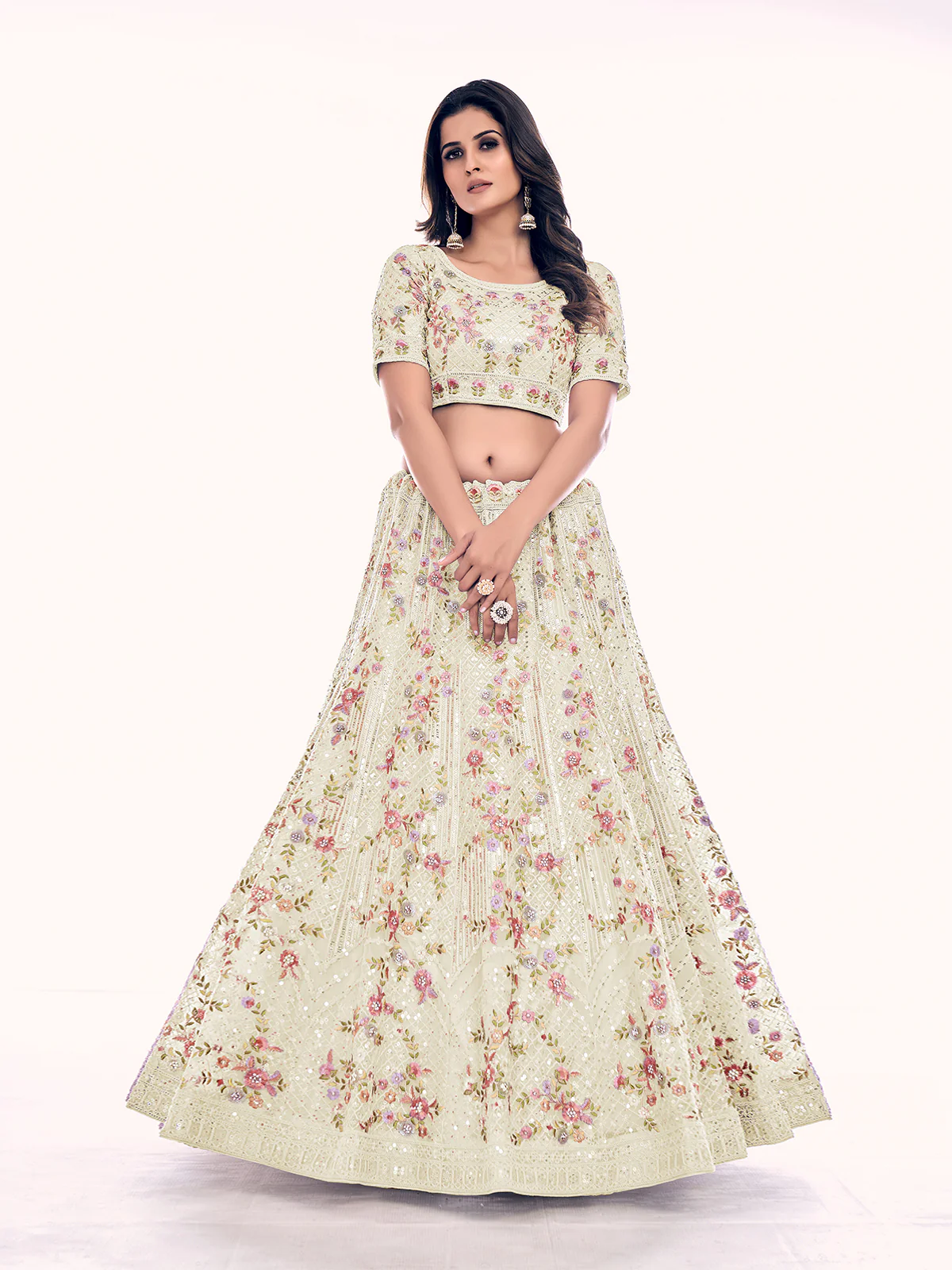 Odette Cream Embroidered Soft Net Semi Stitched Lehenga With Blouse For Women - Image 3