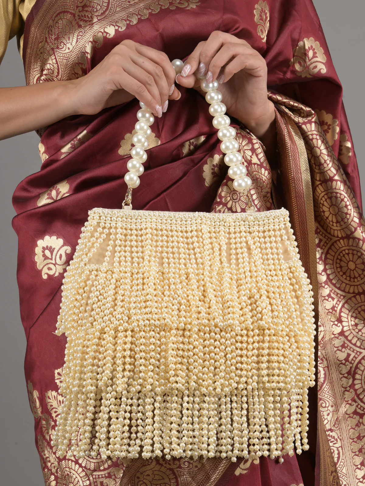 Odette Cream Full Pearls Embroidered Tassels Hand Bag for Women - Image 2