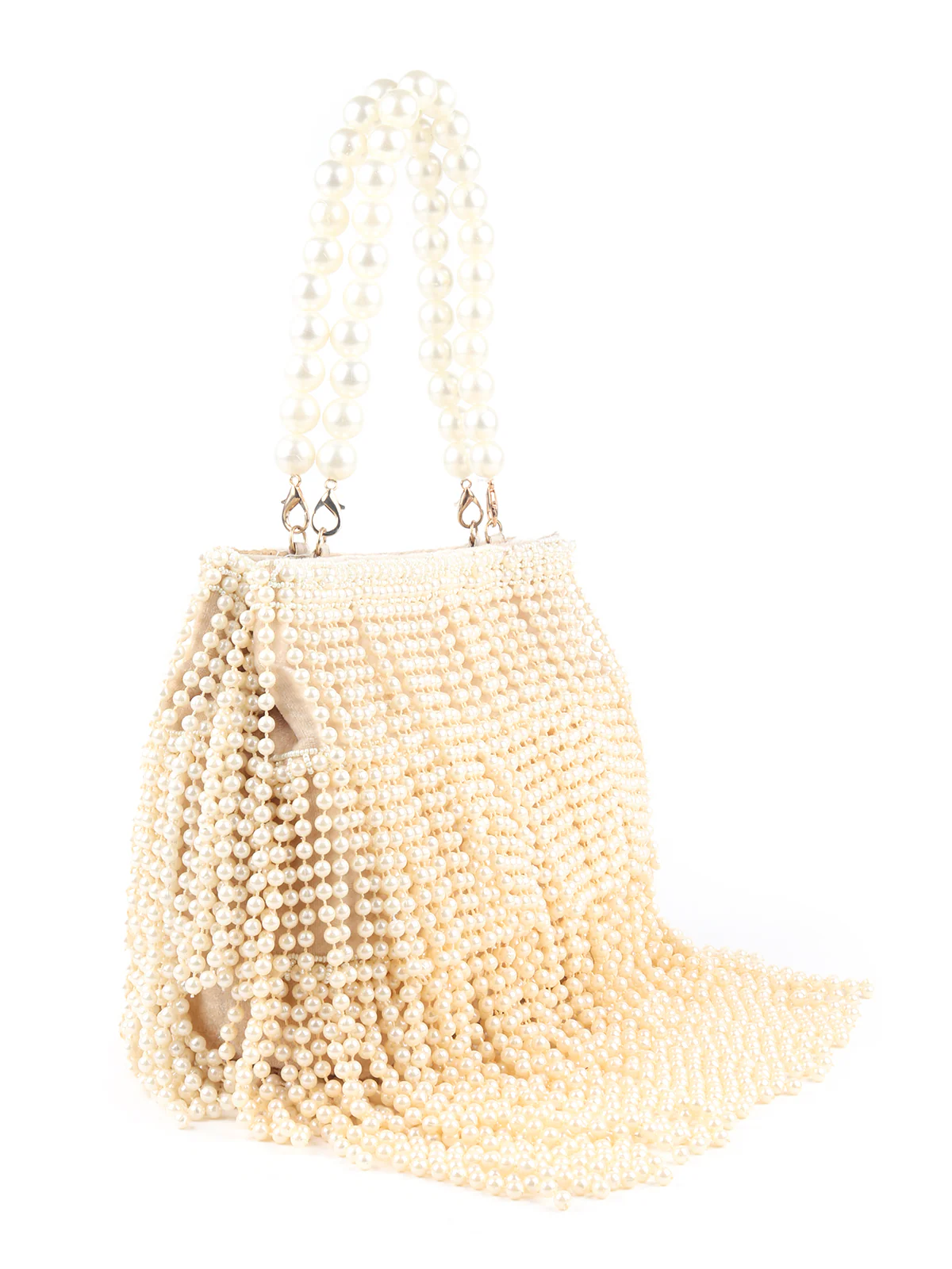 Odette Cream Full Pearls Embroidered Tassels Hand Bag for Women - Image 4