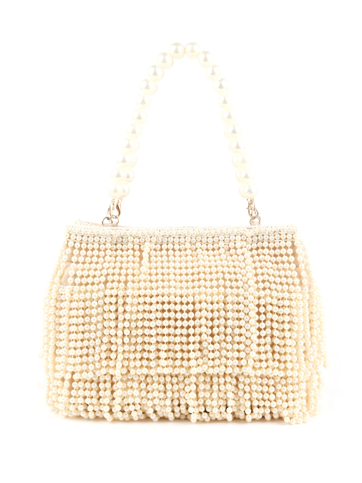 Odette Cream Full Pearls Embroidered Tassels Hand Bag for Women - Image 5