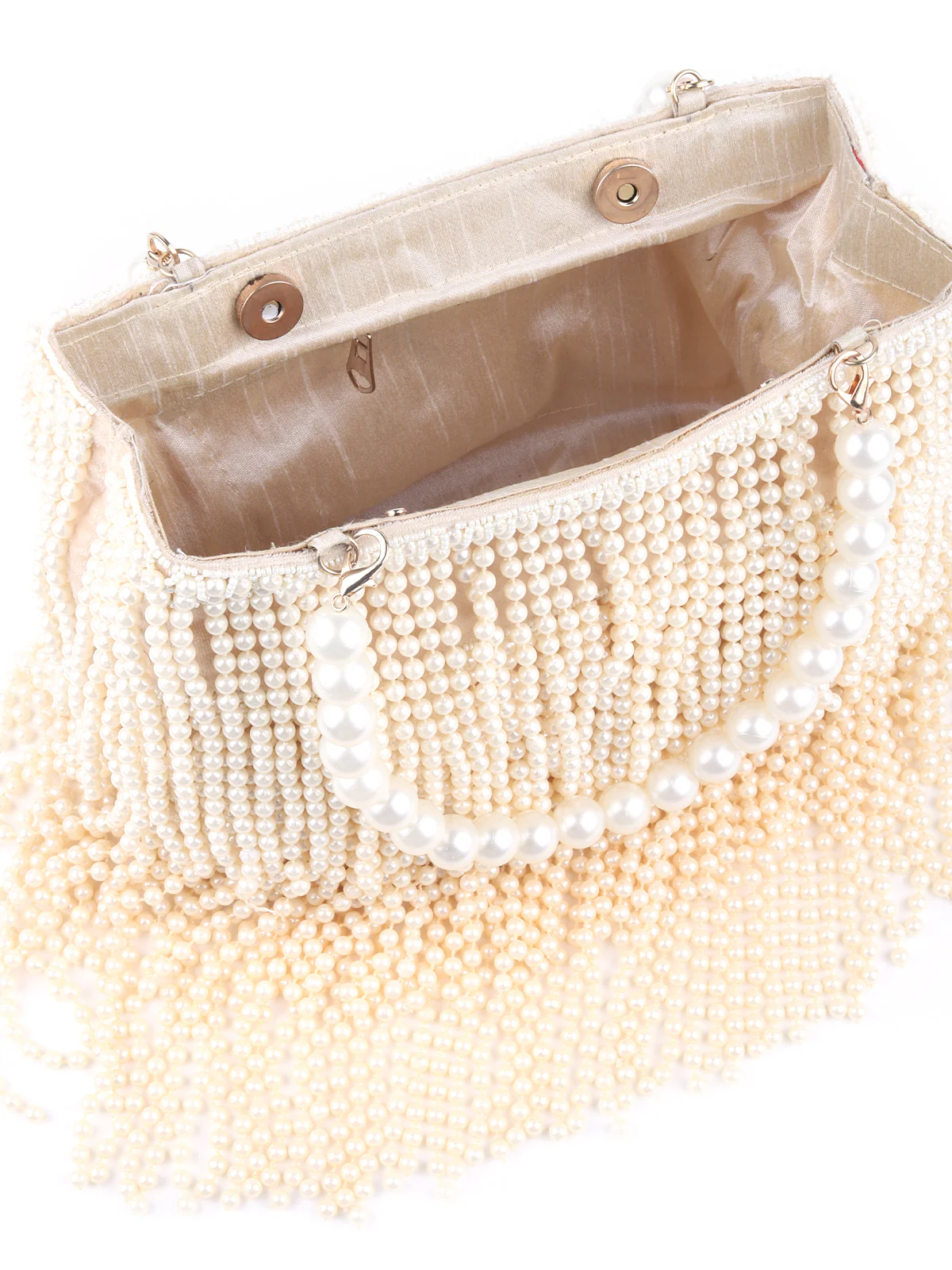 Odette Cream Full Pearls Embroidered Tassels Hand Bag for Women - Image 6