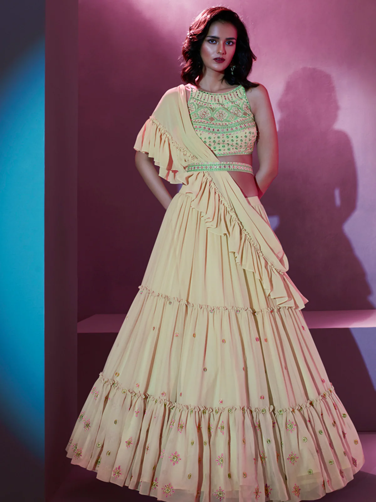 Odette Cream Georgette Embellished Semi Stitched Lehenga With Unstitched Blouse For Women