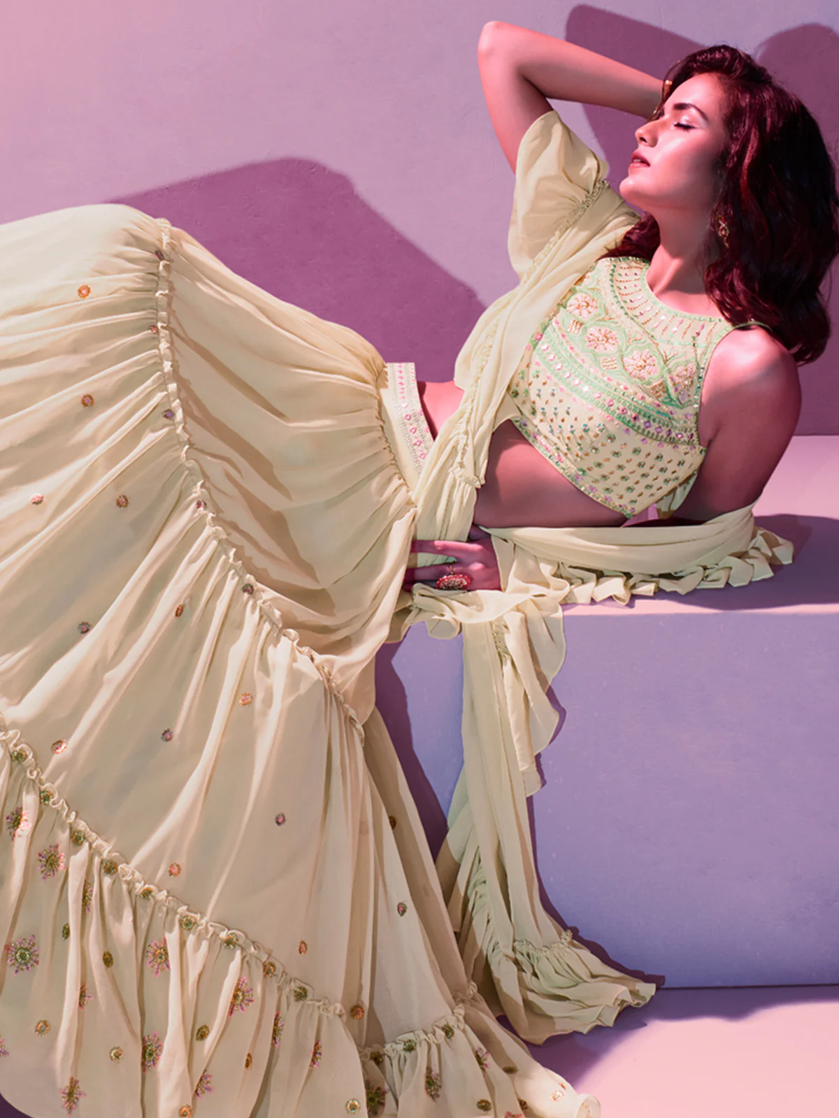 Odette Cream Georgette Embellished Semi Stitched Lehenga With Unstitched Blouse For Women - Image 3