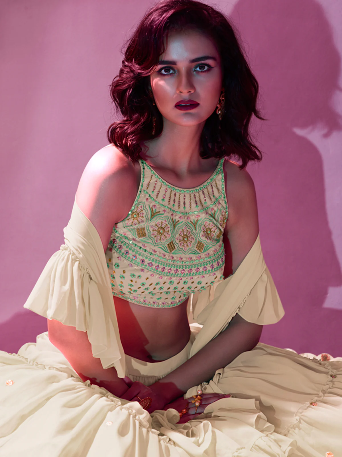 Odette Cream Georgette Embellished Semi Stitched Lehenga With Unstitched Blouse For Women - Image 5
