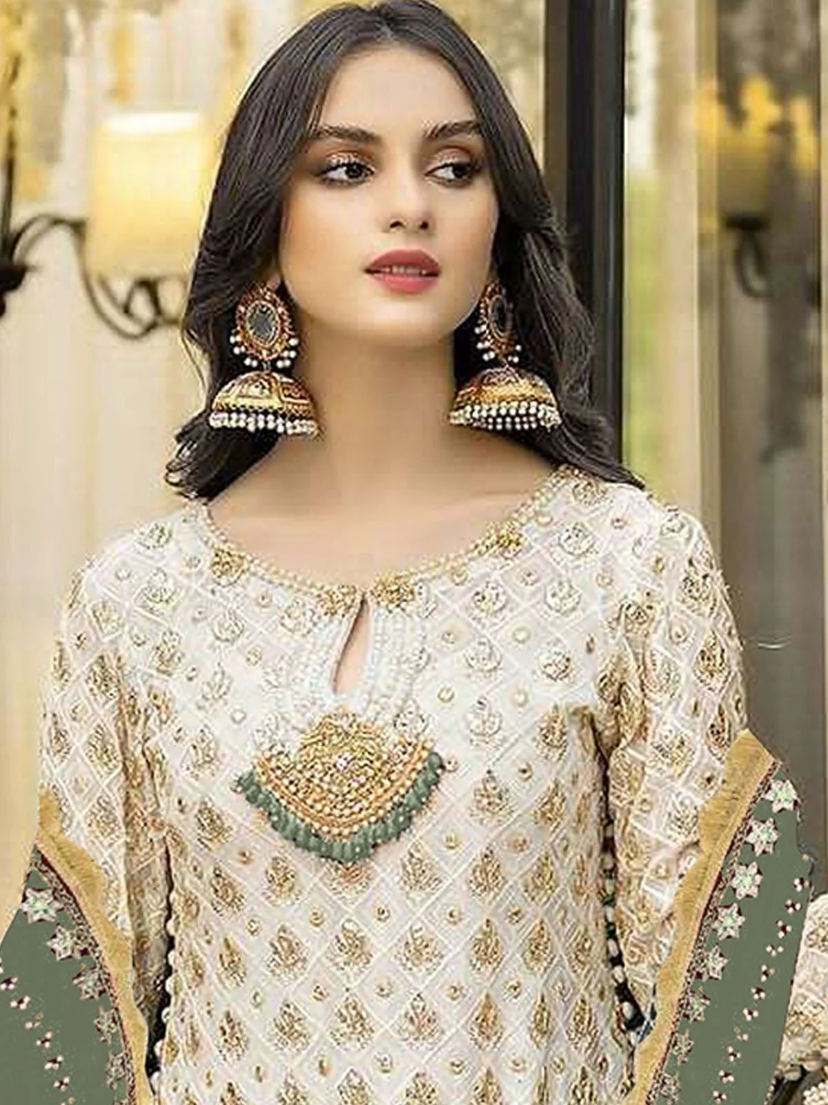 Odette Cream Georgette Embroidered Semi Stitched Kurta Set For Women - Image 2