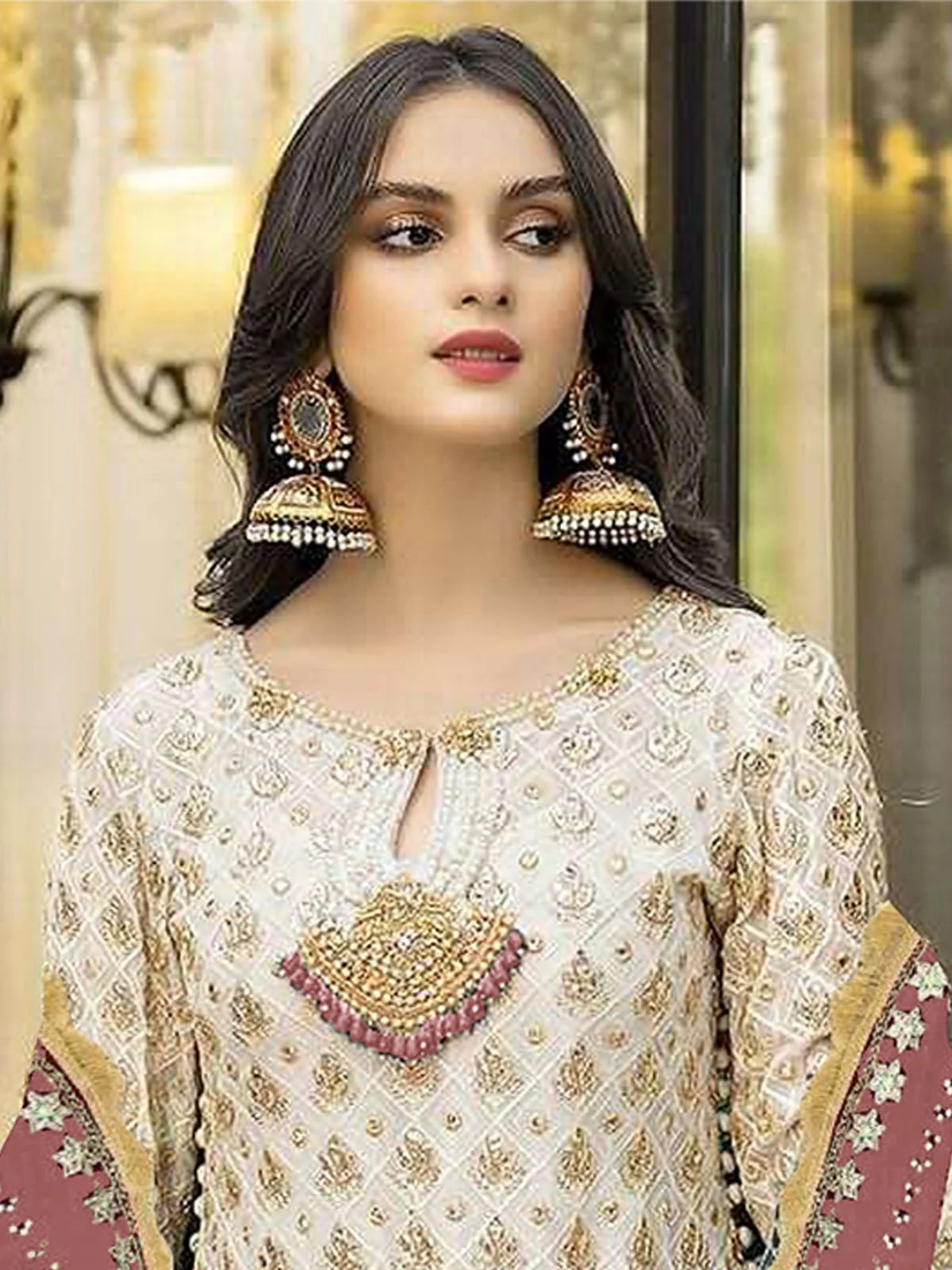 Odette Cream Georgette Embroidered Semi Stitched Kurta Set For Women - Image 2