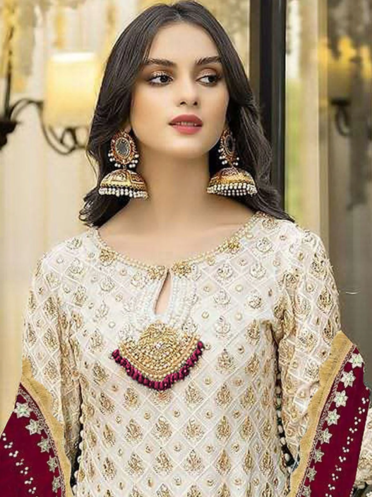 Odette Cream Georgette Embroidered Semi Stitched Kurta Set For Women - Image 2