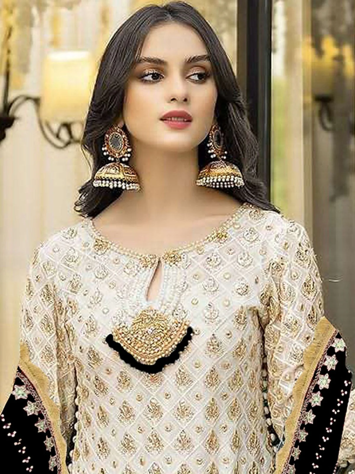 Odette Cream Georgette Embroidered Semi Stitched Kurta Set For Women - Image 2