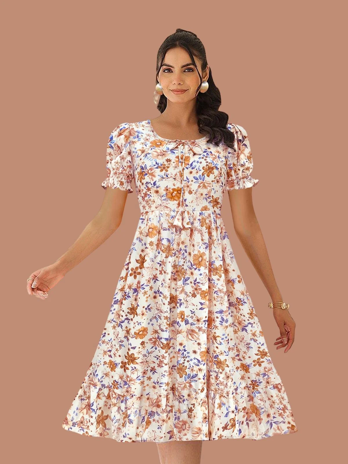 Odette Cream Georgette Printed Dress For Women - Image 4