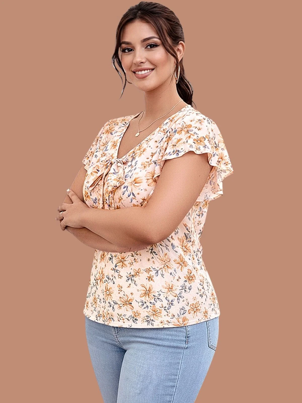 Odette Cream Georgette Printed Top For Women - Image 2
